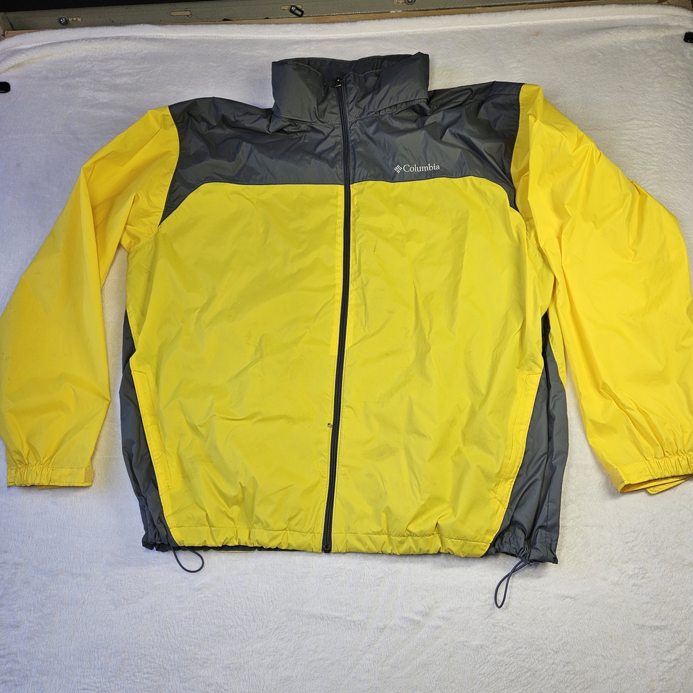 Columbia Windbreaker Jacket Mens XXL Yellow Gray Packable Hood Lightweight